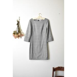 H&M Grey Glen Plaid Bell Sleeve Shift Dress Boat Neck Office Career Size 6